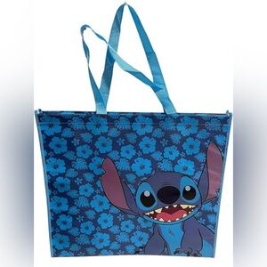 Blue Stitch Tote Bag with Floral Pattern